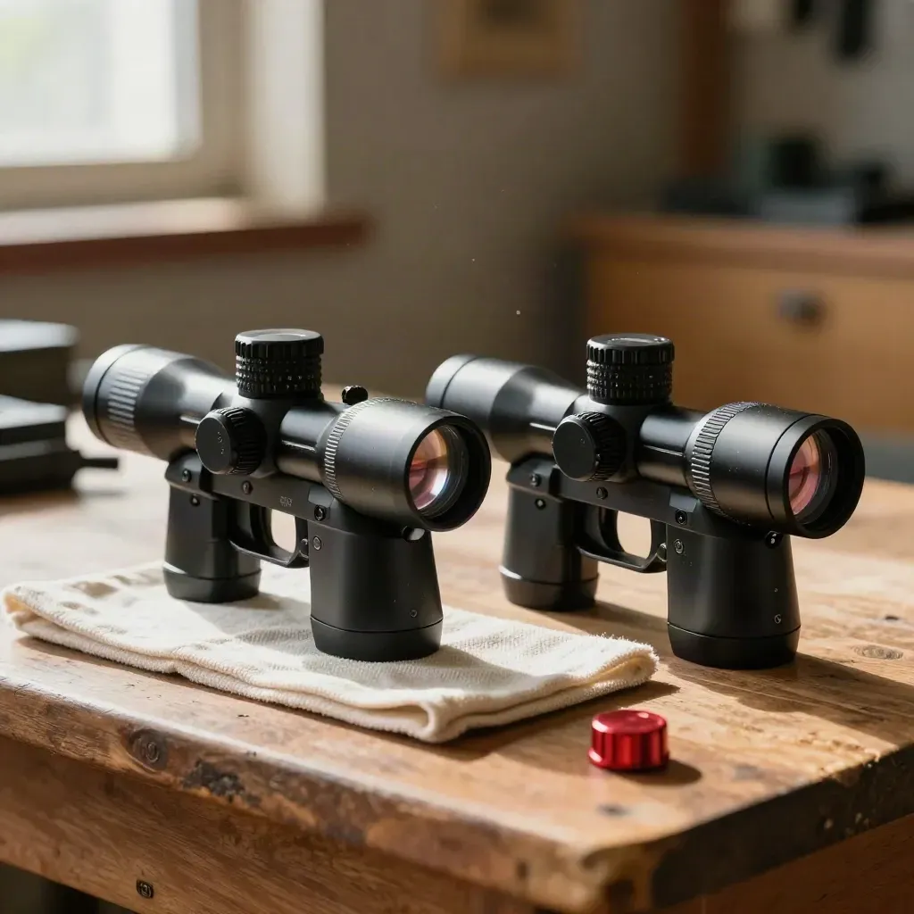 Two red-dot optics on a rifle rail and pistol slide beside screws and a cloth on a worn workbench.