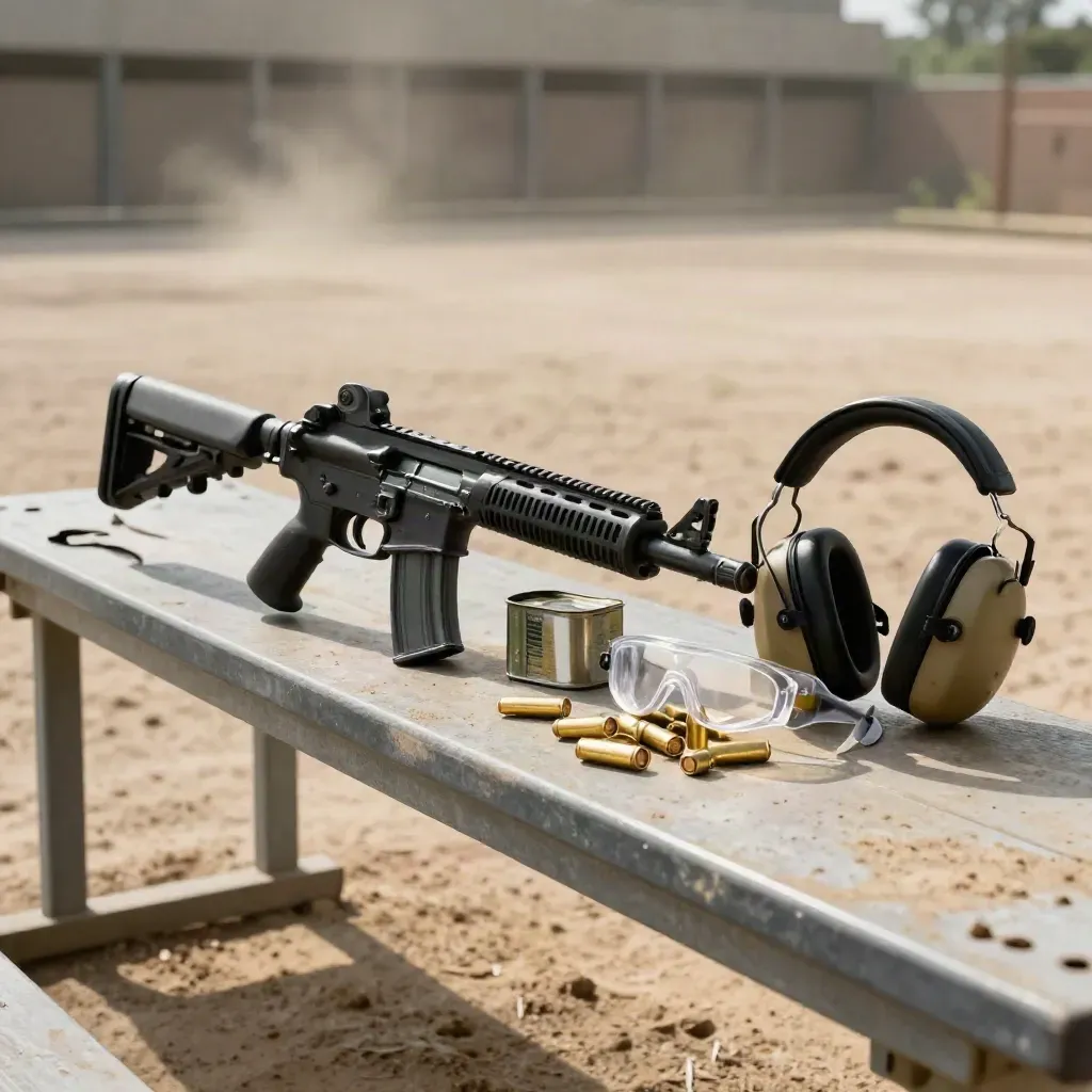 AR rifle, brass, ear pro and ammo can beside a dusty range bench in heat shimmer
