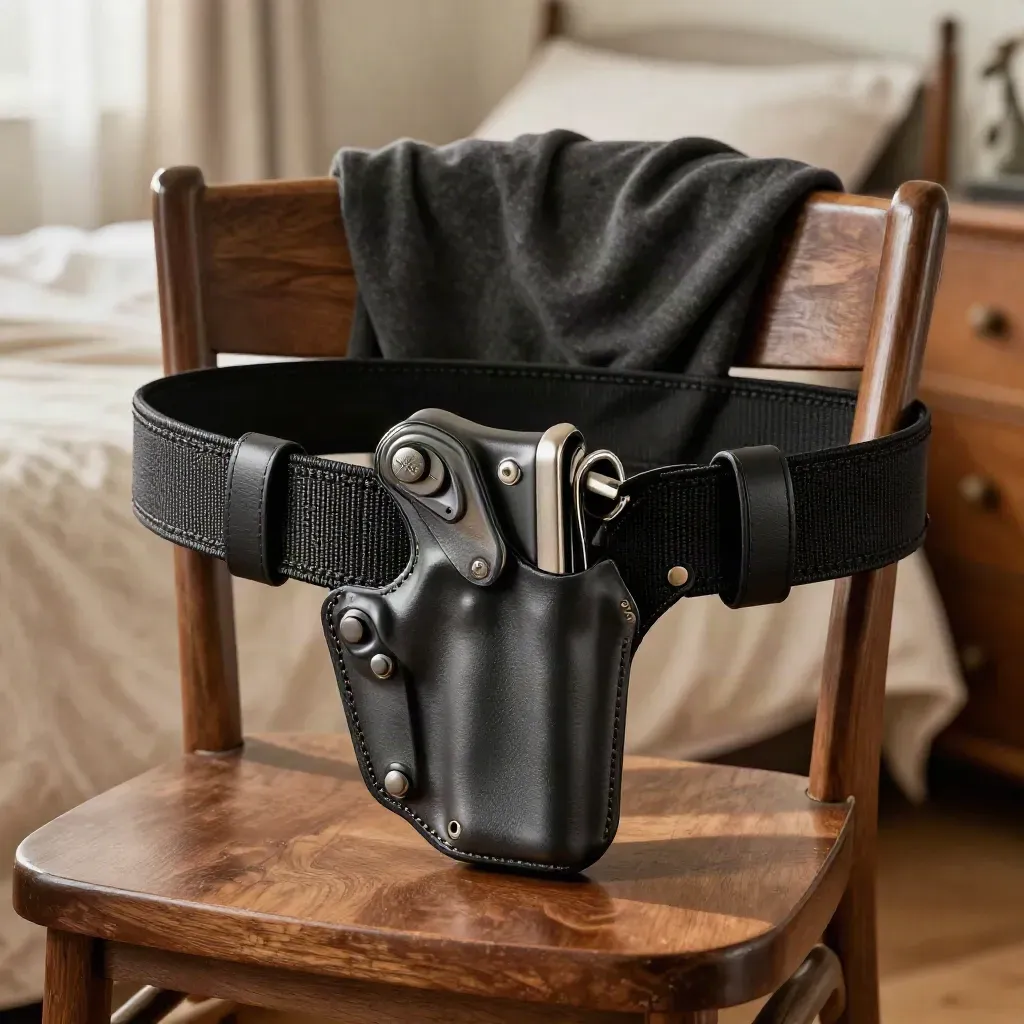 Holster and gun belt resting on a chair back beside a draped shirt in soft morning light